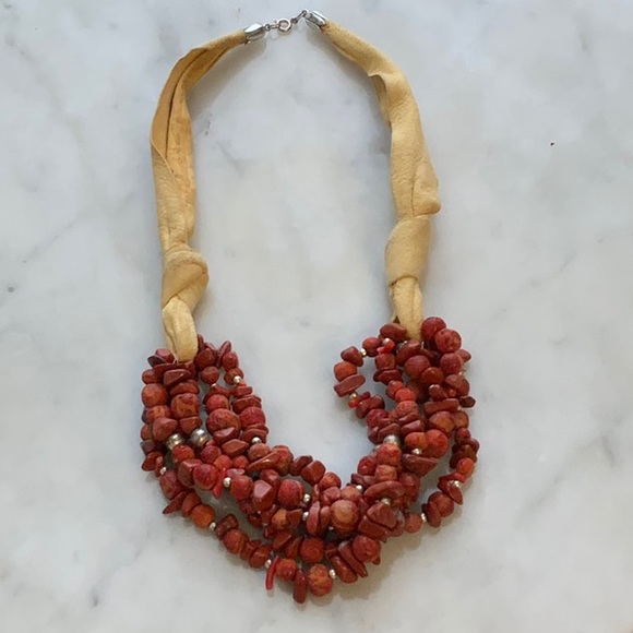 Coral, Carnelian, and Suede Vintage Necklace - Picture 3 of 4